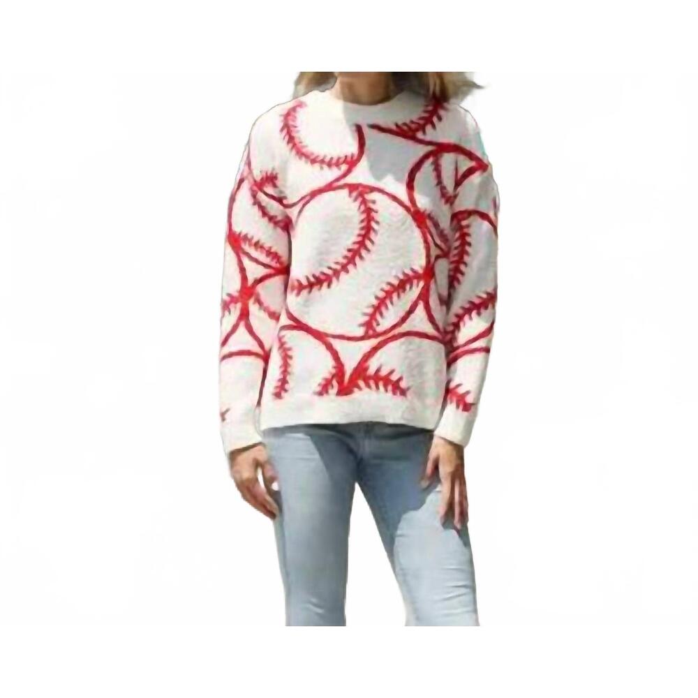 NEW FASHION CITY baseball jacquard cozy crew neck sweater in white